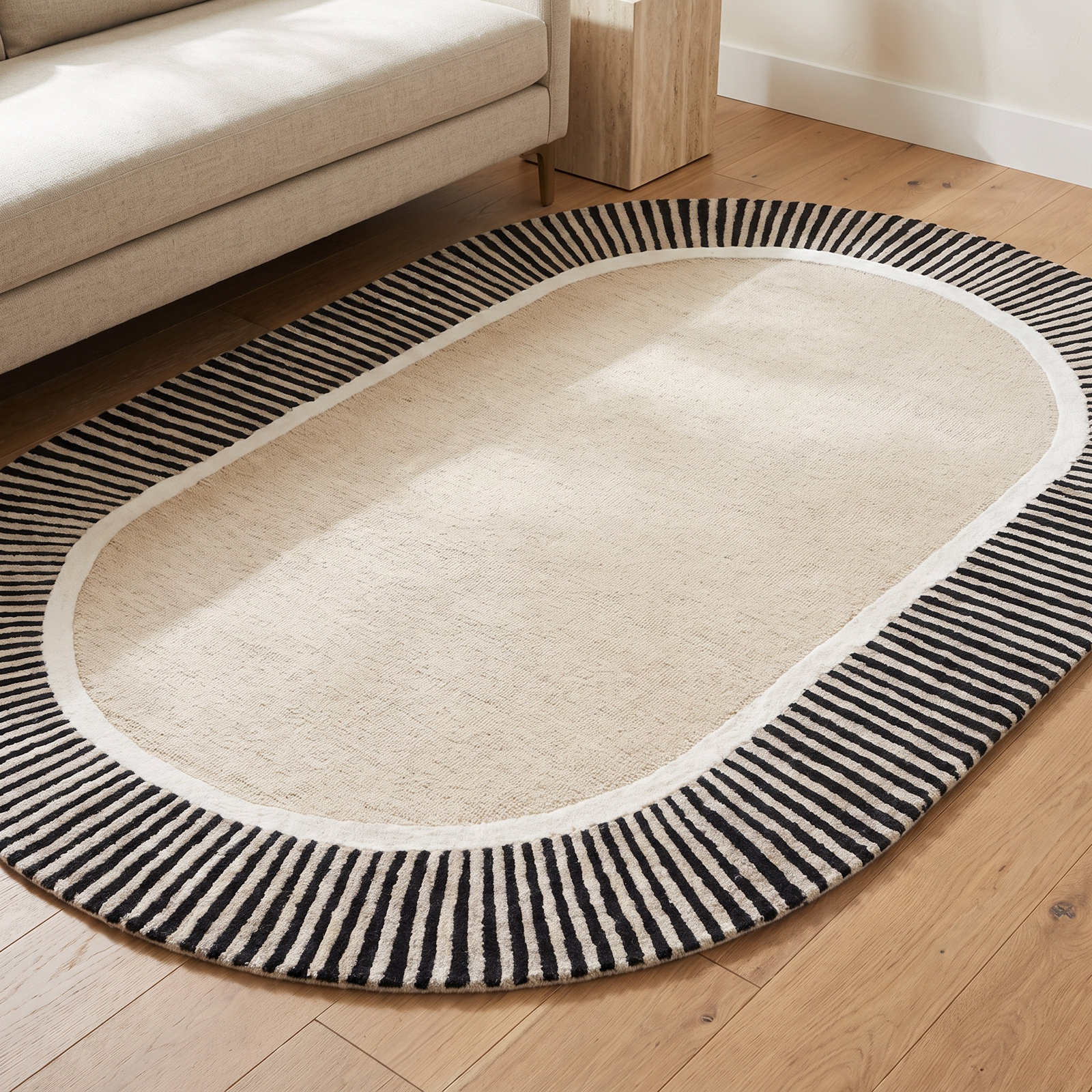 Beige Black Hand-Tufted Striped Wool Rug, Oval 9' x 12'