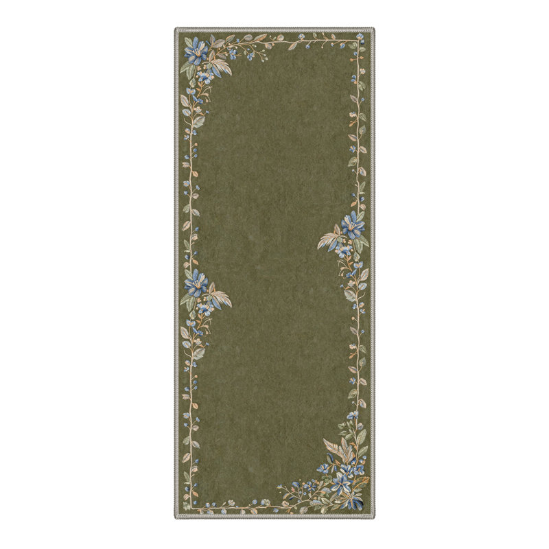 Abrahamson Florora Floral Machine Washable Green Indoor Area Rug with Non-Slip Backing, Runner 2' x 7'