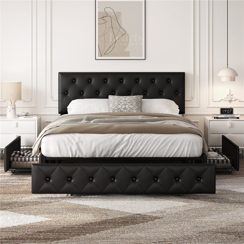 Lit plateforme tapissier avec tête de lit Sorel, Grand, Noir
