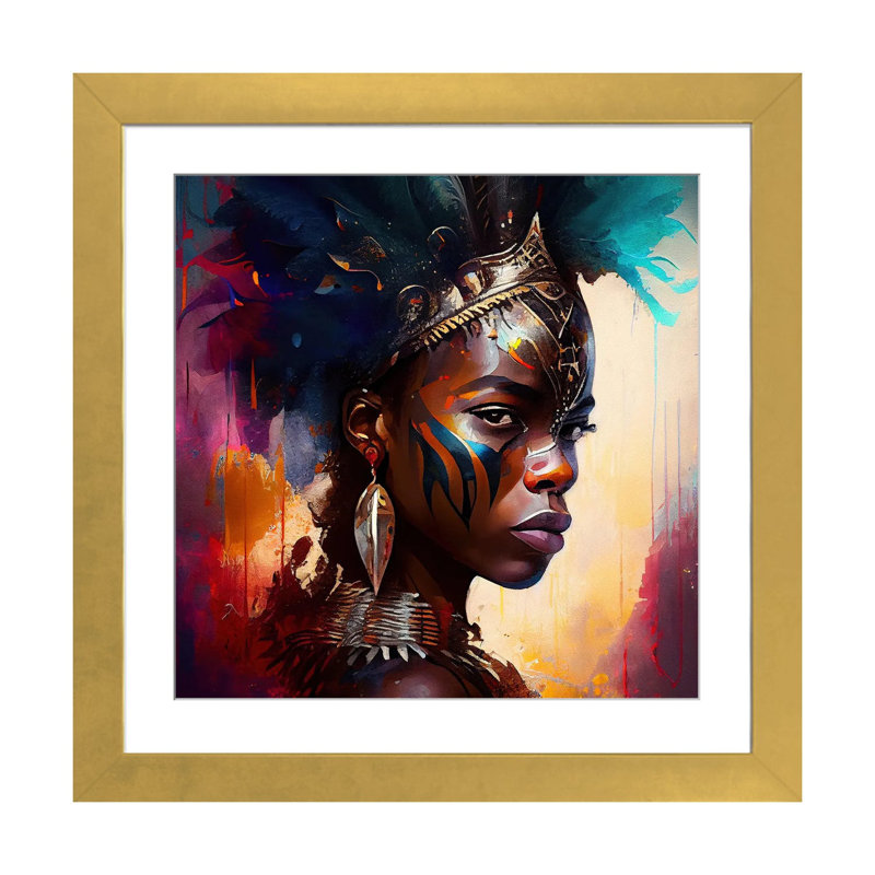 Powerful African Warrior Woman IV, Gold Open Corner Frame Paper, 16" H x 16" W x 1" D