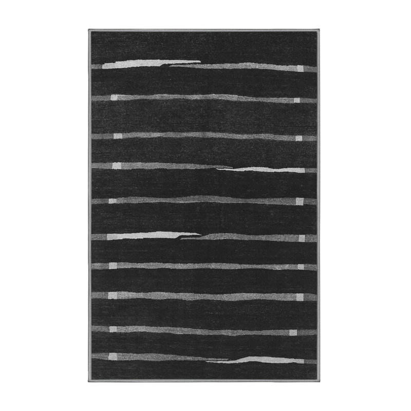 Tapis noir / blanc en chenille / polyester tissé à la machine Nery, Rectangle 2 pi x 3 pi