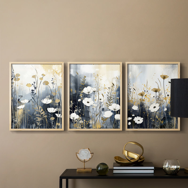 Étude florale Cxxvi -Set de 3 estampes numériques encadrées -Prêt à, H 10 po x l 8 po, Encadré naturel