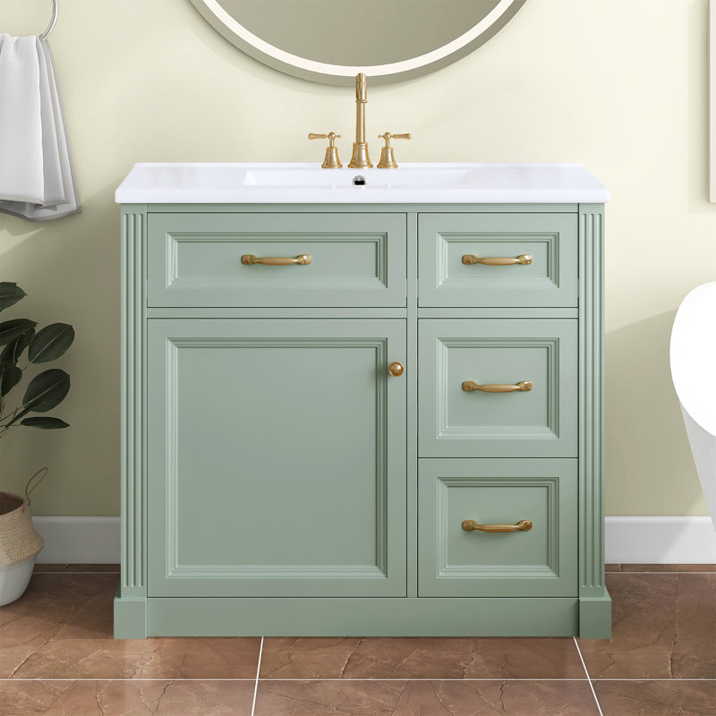 Meuble-lavabo moderne 36 "avec lavabo en céramique, Vert, Doré