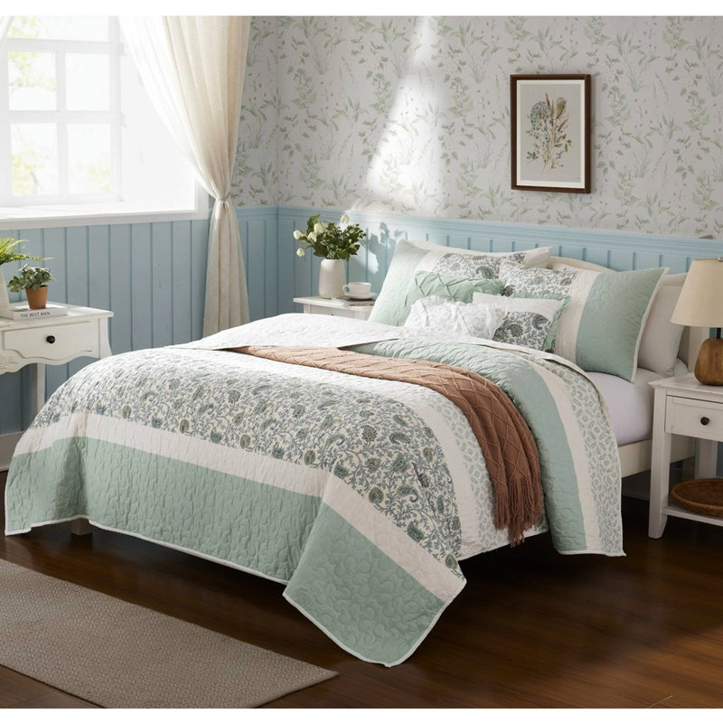Courtepointe en coton 6 pièces très grand / très grand avec coussins en cuir Dawn, Turquoise