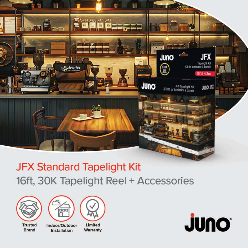 Ensemble de lumières Juno JFX Tapelight, 16 pieds, 200LMF, 30K, 60W, interrupteur marche / arrêt, 5 connecteurs