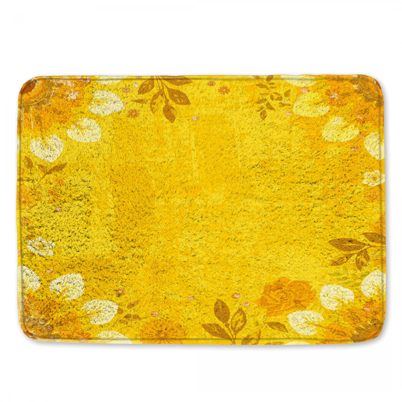 Tapis de bain jaune à bordure florale, L 34 po x L 21 po