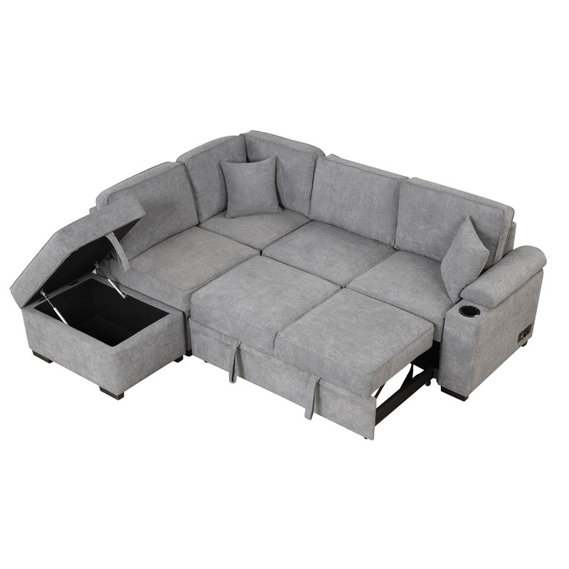 Canapé-lit 84,75 po avec repose-pieds de rangement pour le salon, Lin gris, Orienté à droite