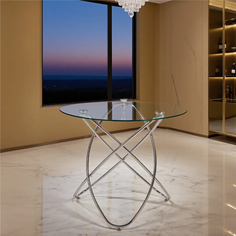 Table de salle à manger moderne en verre trempé, pieds en métal chromé, conception peu encombrante pour la cuisine et le salon