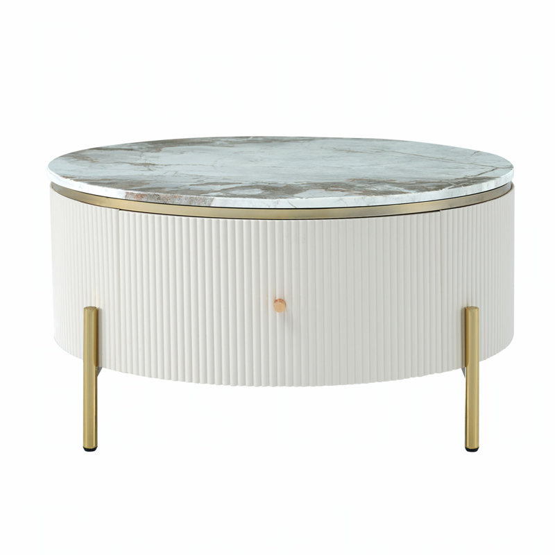 Table basse ronde moderne avec 2 grands tiroirs, Blanc cassé