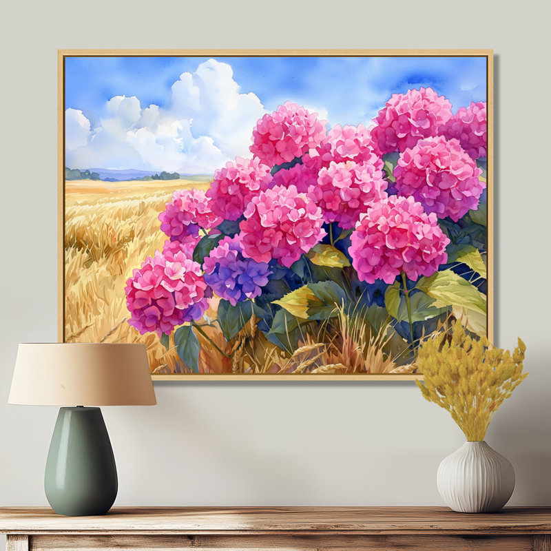 Hortensias dans le champ de céréales III - hydrangées, art mural, H 30 po x l 40 po, Impression encadrée flottante, Crème