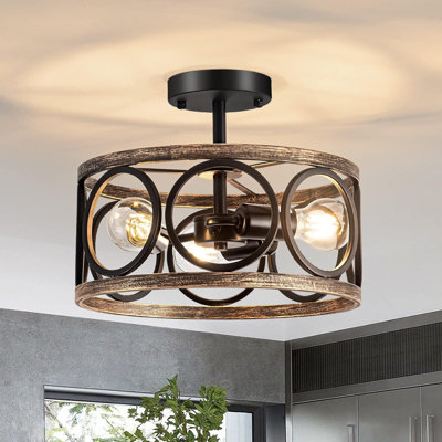 Modern Farmhouse Semi Flush Mount Ceiling Light Fixture, 3-Light Bronze Drum Chandelier For Dining Room Kitchen Living Room Hallway Bedroom Entryway, Dimmable Close To Ceiling Lighting