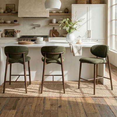25.5" Modern Chenille Counter Stools With Barrel Back And Wood-Look Metal Legs, Set Of 3