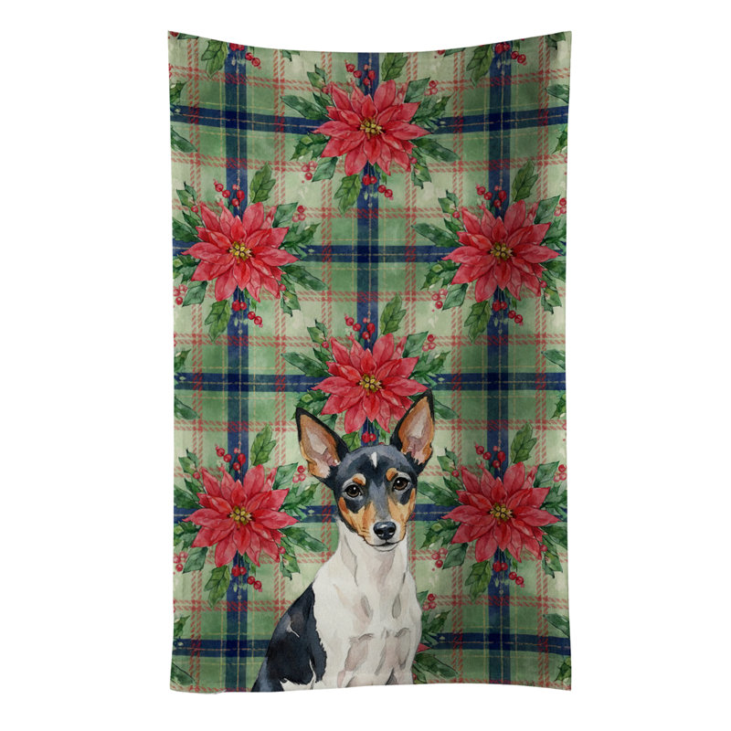 Toy Fox Terrier Christmas PoinsettIas Kitchen Towel, Black/White Toy Fox Terrier