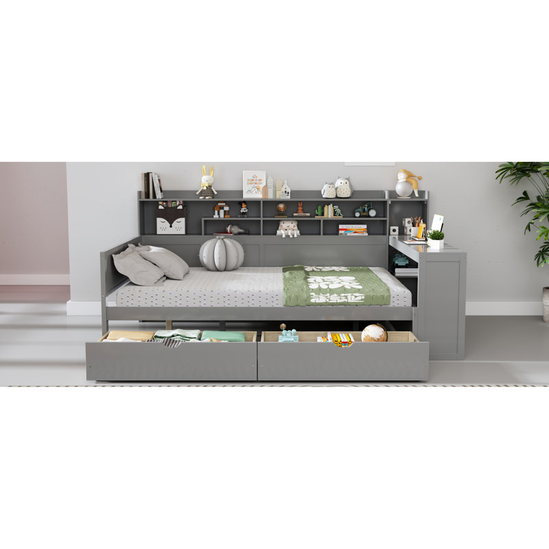 Full Size Gray Daybed With Storage And Study Desk, A Multi-functional Wooden Bedroom Solution Shelves, Drawers Desk For Organization Efficiency Upgrade