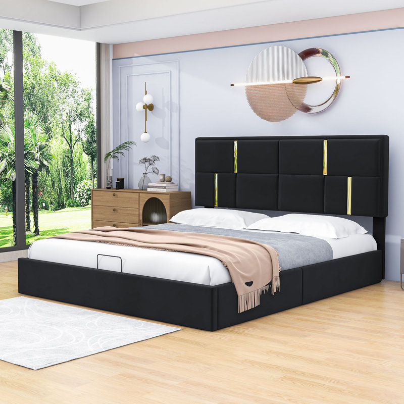  Queen Upholstered Platform Bed with Hydraulic Storage System, Black