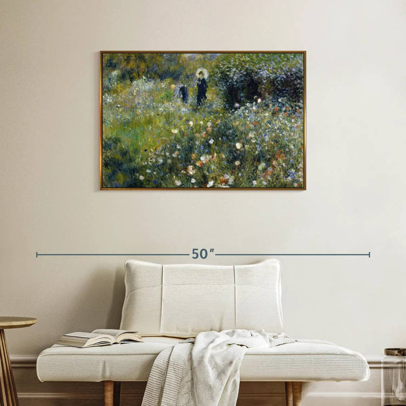Femme avec un parasol dans un jardin, 37 po x 25 po, Cadre flottant doré