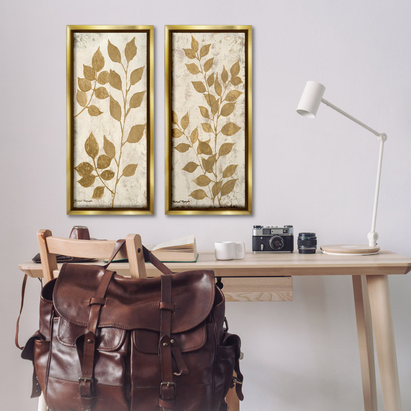 Ensemble de 2 toiles flottantes à motif de feuilles naturelles vieillies par Michael Marcon, Cadre flottant métallique doré