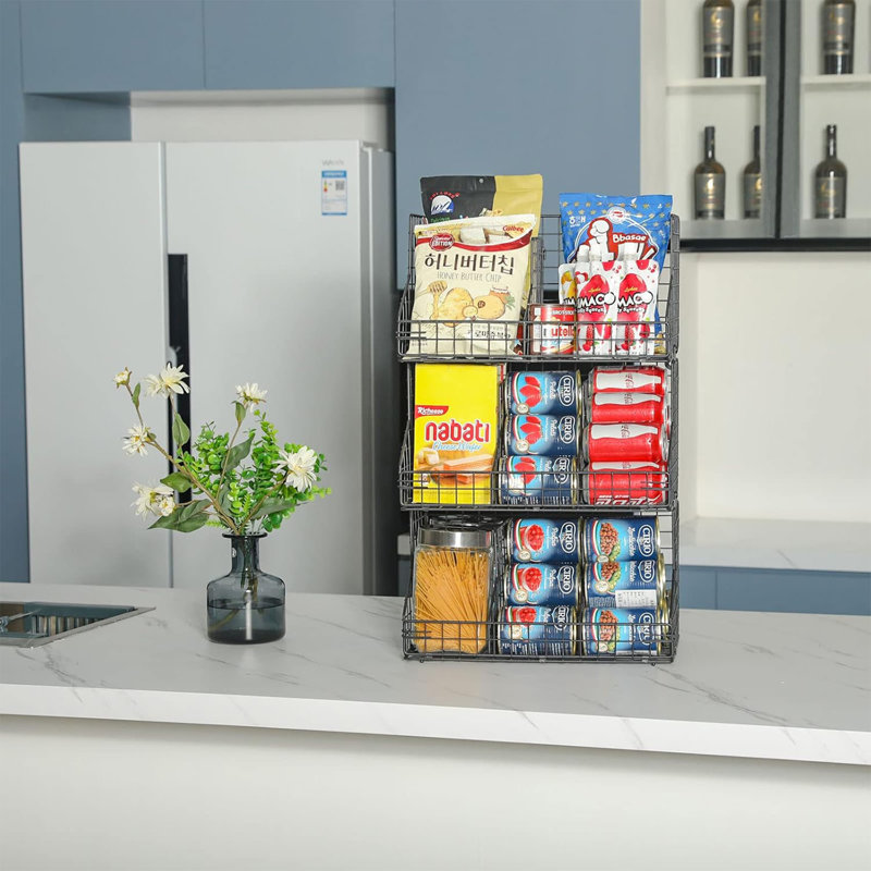 Grand panier en fil d'acier empilable à 3 niveaux X-cosrack, rangement pour aliments polyvalent avec 5 séparateurs amovibles, adapté aux collations, aux épices, aux conserves, noir