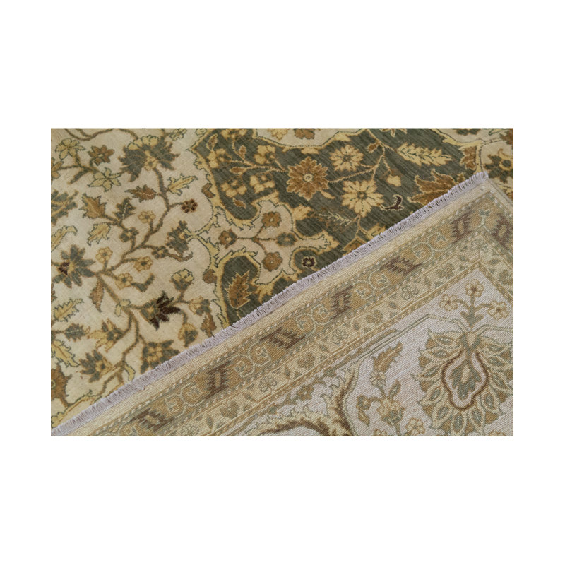 Tapis oriental en laine noué à la main en vert / ivoire / beige Lamani