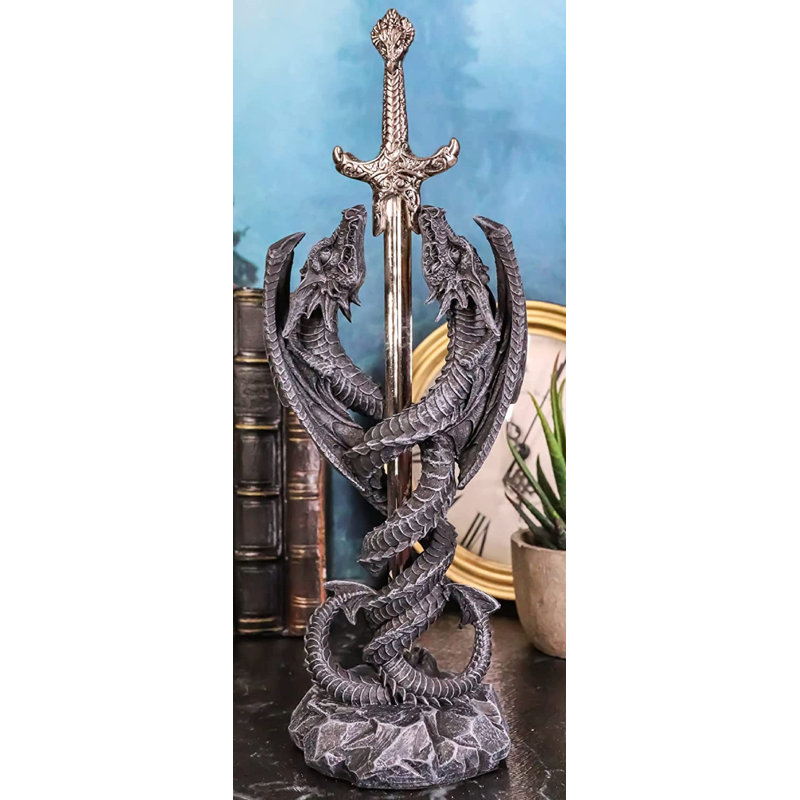 Hannmann Celtic Knotwork Spiraling Winged Serpent Double Dragon tenant l'épée Excalibur