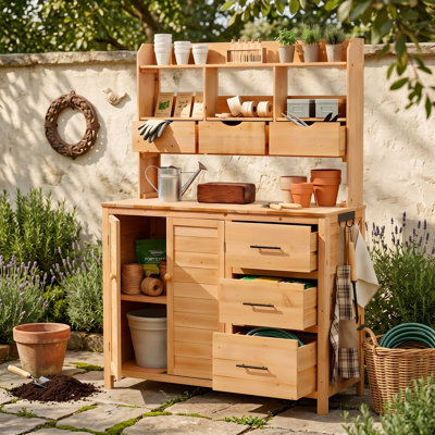 Banc de rempotage d'extérieur en bois de sapin avec tablette réglable, tiroirs, crochets latéraux et conception anti-basculement