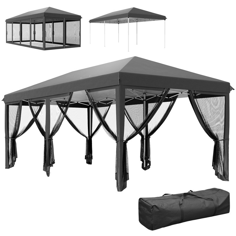 3 X 6m Pop Up Gazebo, Outdoor Marquee Party Wedding Tent With 6 Removable Mesh Side Walls, 3-level Adjustable Height, Powder-coated Steel Frame, With Carry Bag Guy Ropes Ground Stakes, Black