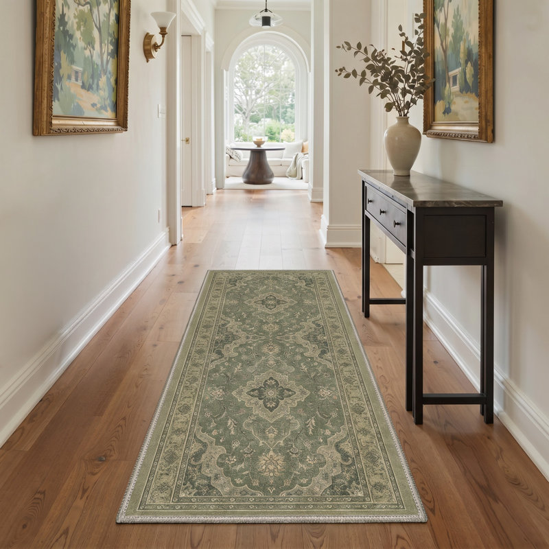 Tapis de couloir vert oriental/gris lavable à la machine avec envers antidérapant, Tapis de couloir de 2 pi x 7 pi