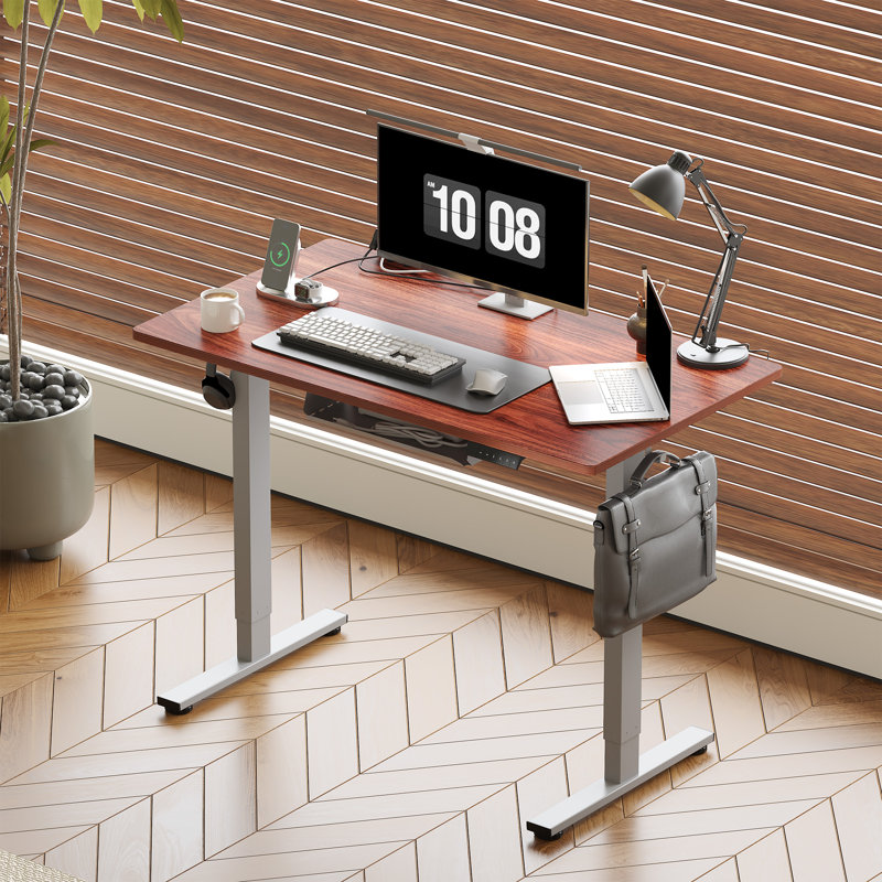 Adjustable Standing Desk, Whole-Piece Desktop, 48" W x 30" D, Mahogany/Gray