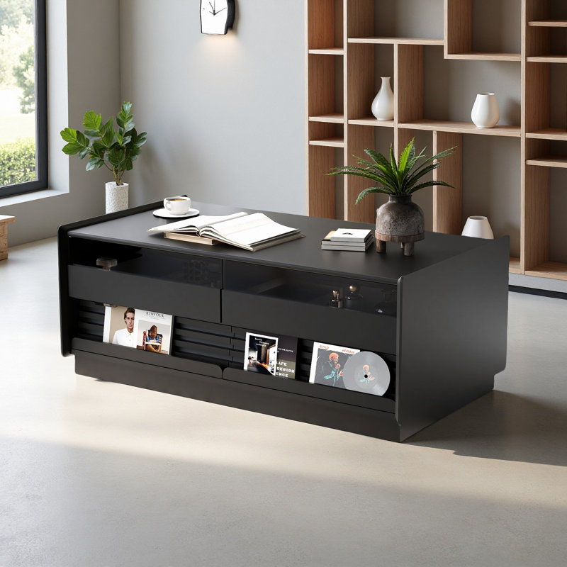 Table basse moderne avec 4 tiroirs et 2 tablettes de présentation, table basse en bois de style cannelé de 47,2 po, Noir