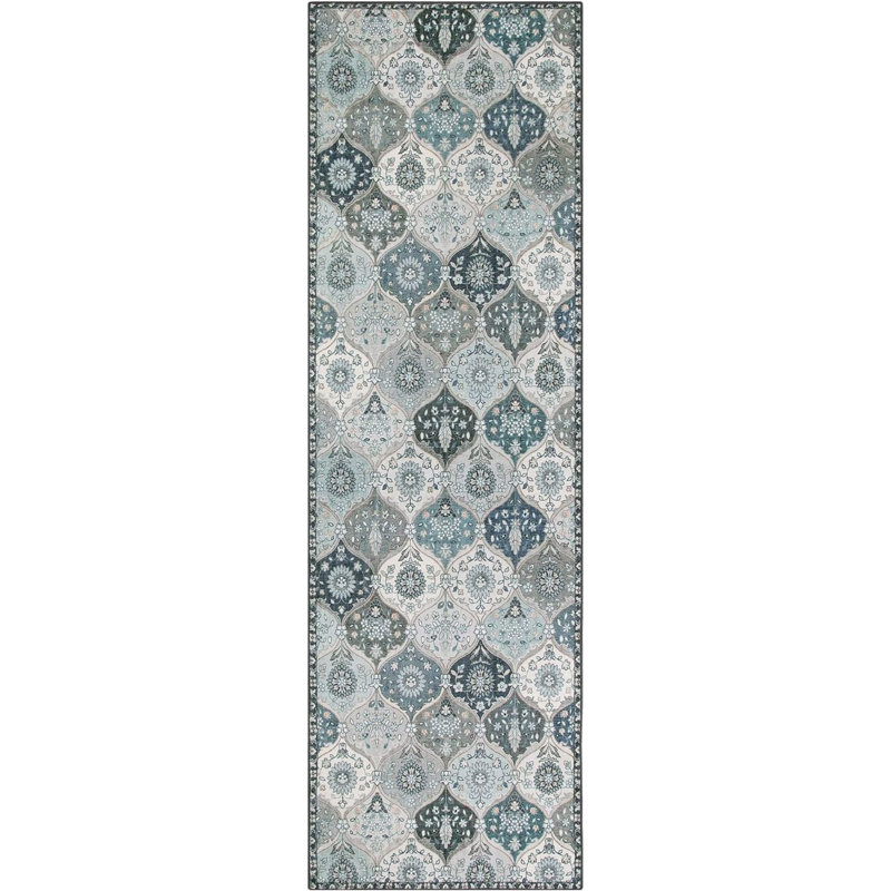 Moroccan Trellis Rug, Blue, Faux Wool, Machine Wash, Non-Slip Backing, Low Pile, Floral Pattern, Area Rug For Bedroom, Living Room, Bathroom