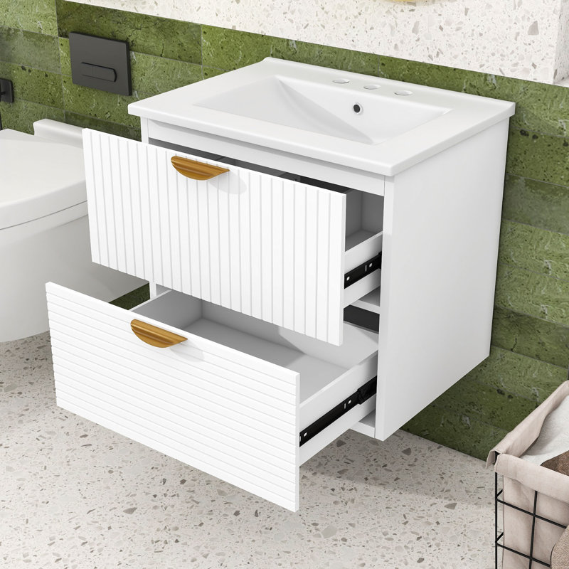 Meuble-lavabo mural 24 po avec poignées dorées et 2 tiroirs, Blanc