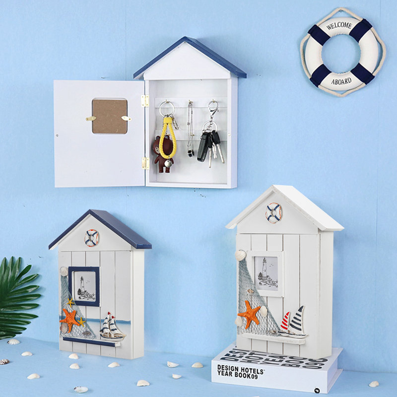 Mediterranean Wood Wall Organizer with Key Hooks