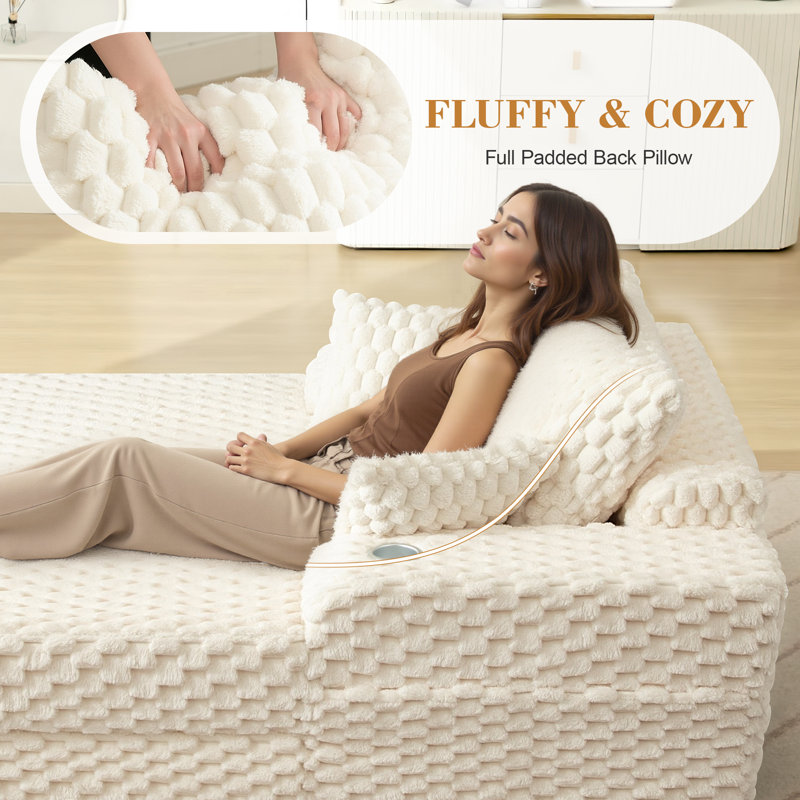 Canapé rembourré en fausse fourrure 47,6 po avec 3 coussins, Beige