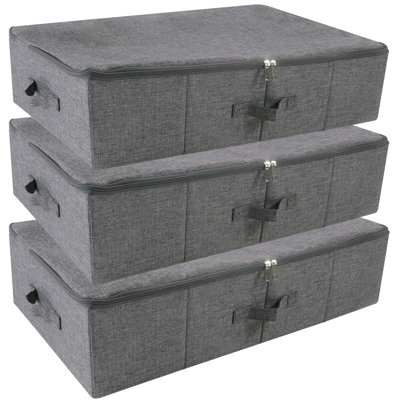 Folding Washable Rigid Underbed Storage Boxes with Zip Lid for Garment, Clothing, Blankets for Bedroom, College Dormroom, Wardrobe, Shelf Baskets, Pack of 3, Black Gray