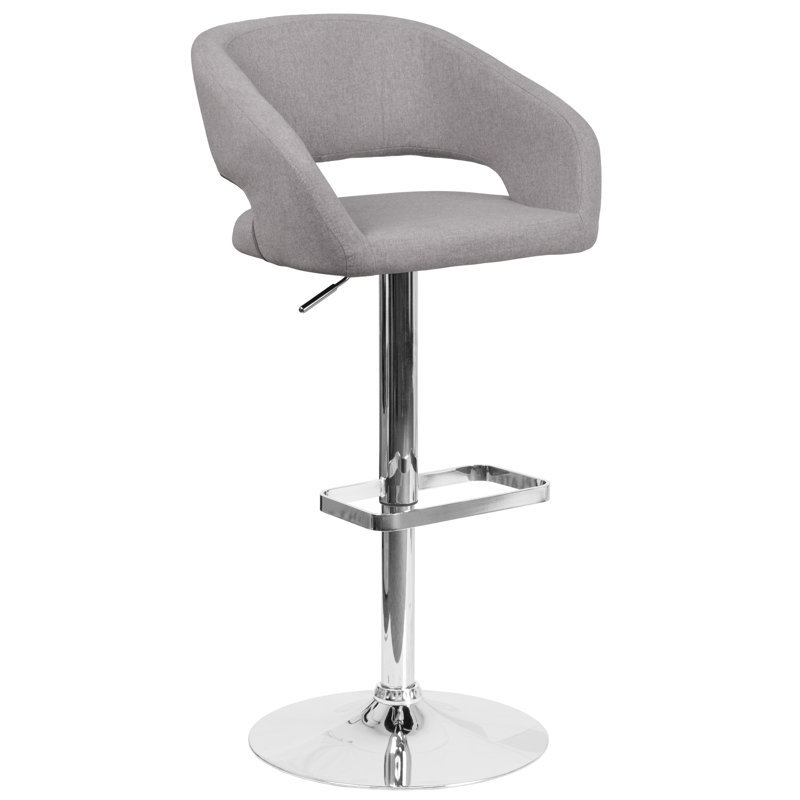 Tabouret de bar contemporain à hauteur réglable en vinyle avec dossier moyen arrondi, Gris, Chrome