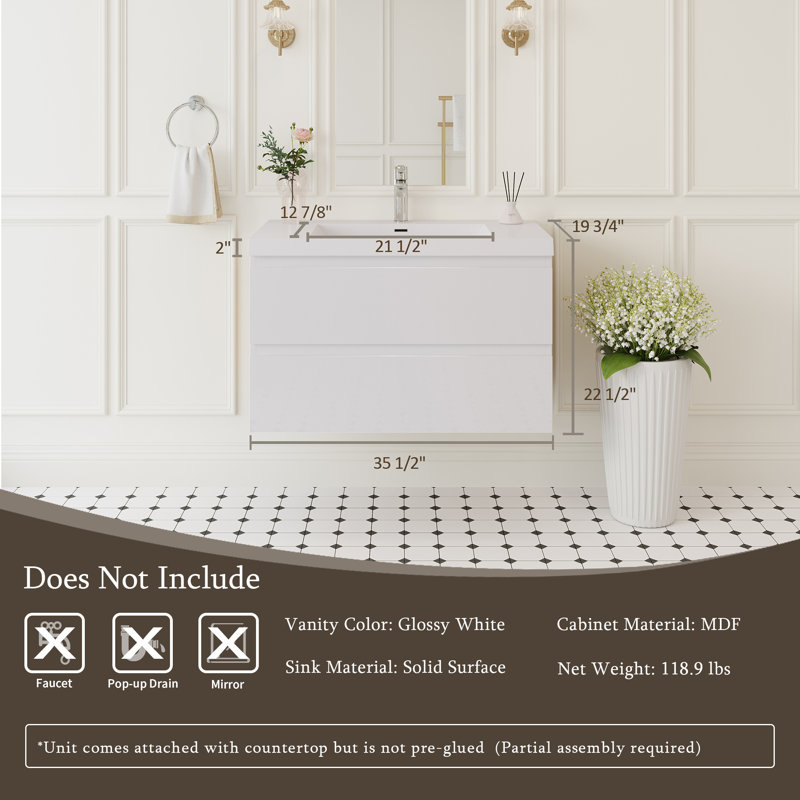36" Floating Bathroom Vanity With Sink, Glossy White, 36"