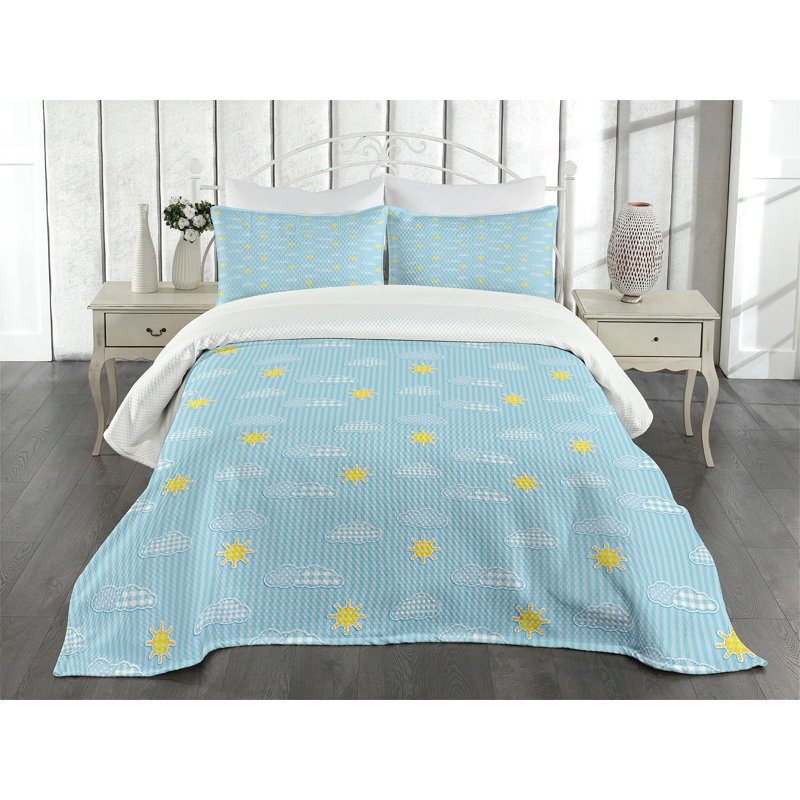 Pale Blue Quilted Queen Bedspread Set with Pillow Shams