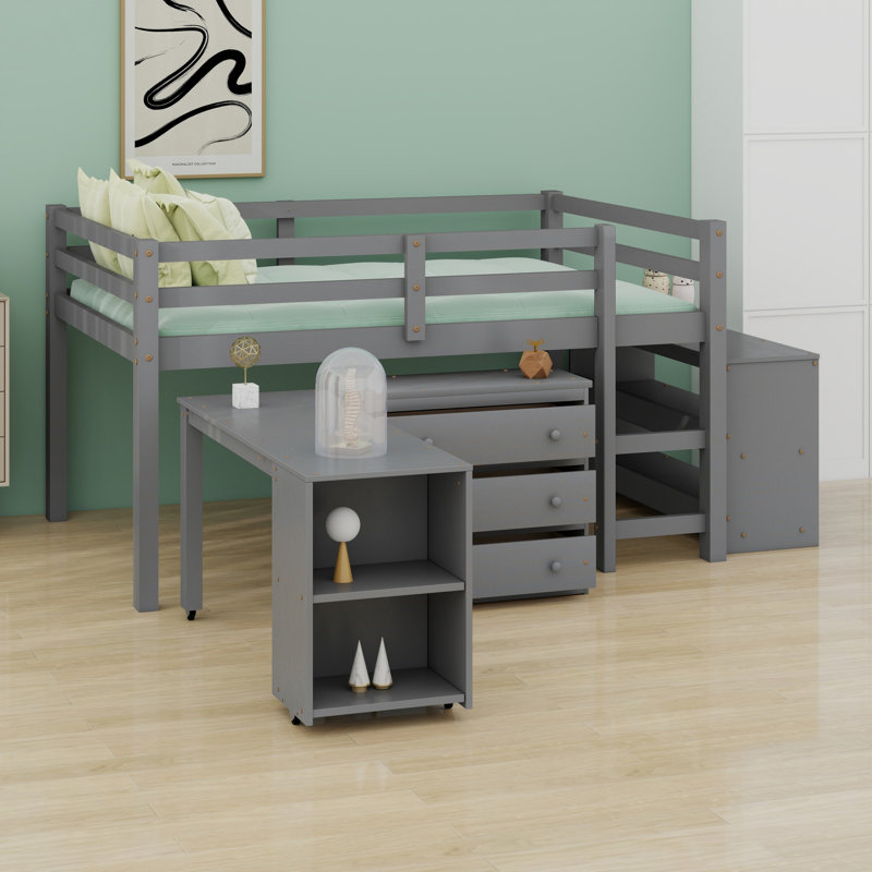 Lit mezzanine bas peu encombrant avec tablettes et bureau à roulettes, Grey