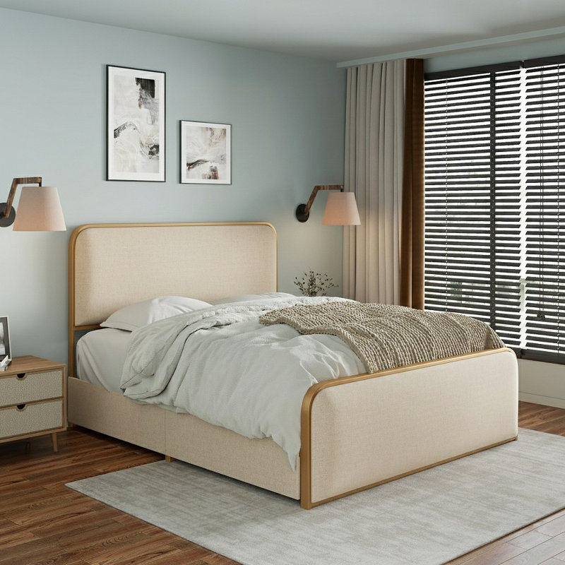Metal Bed Frame With Curved Upholstered Headboard And Footboard Bed With 4 Storage Drawers, Heavy Duty Metal Slats, King