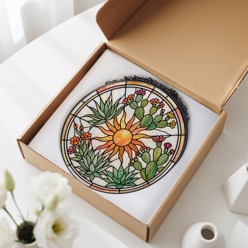 Sun Cactus Stained Glass Window Panel，12"H, 12"H