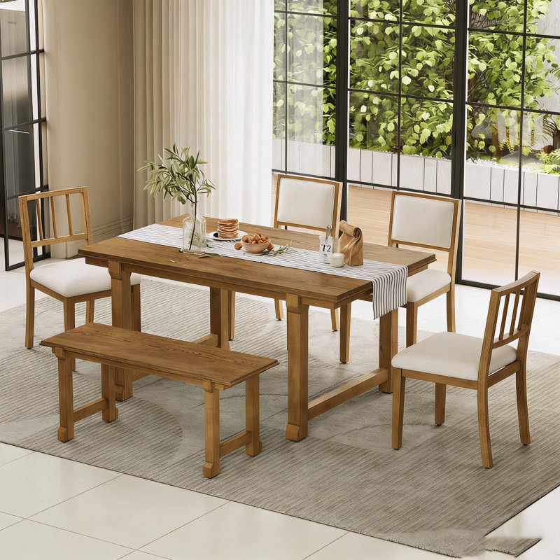 6-Piece Farmhouse Dining Set for 6, Kitchen & Dining Room Sets with Solid Wood Legs and Frame, Ergonomic Dual-Style Chairs, Ideal for Kitchen & Dining Room (Beige )