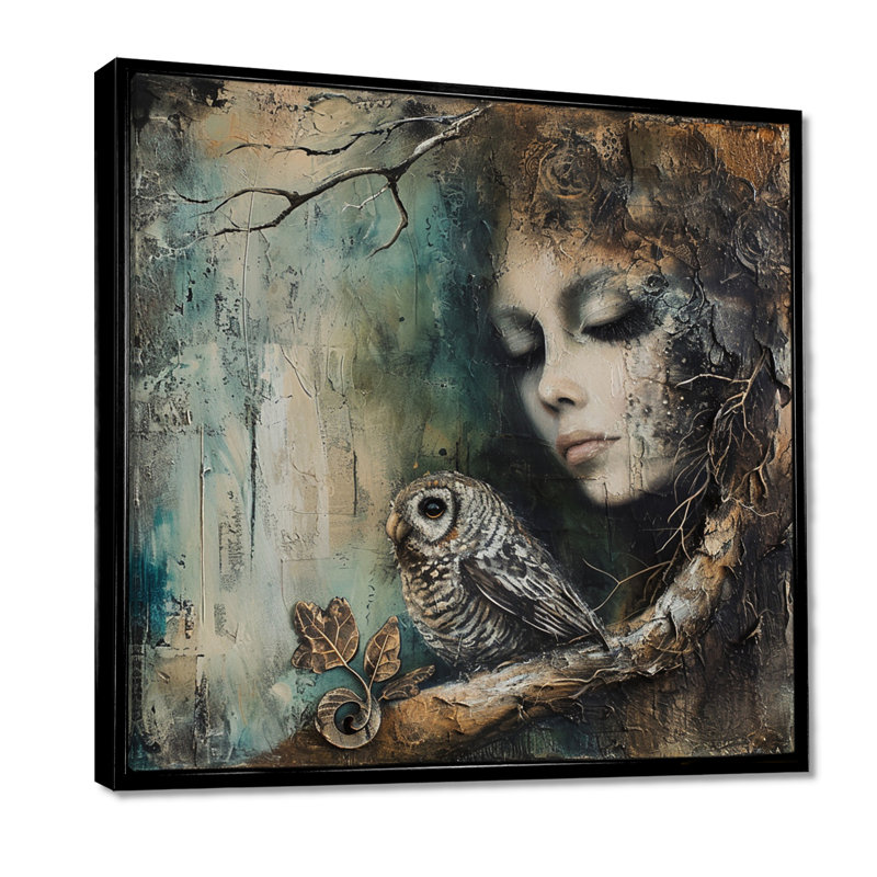 Mystère de la chouette, H 16 po x l 16 po, Toile noire avec cadre flottant