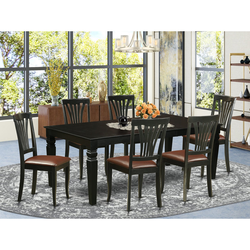 Ensemble de table et de chaises de cuisine 7 pièces comprenant une table rectangulaire en bois avec feuille papillon et 6 chaises de salle à manger en similicuir, 42 po x 84 po, noir