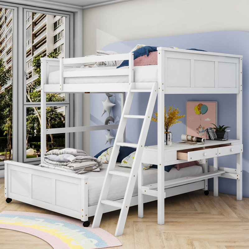 Jamarreon Kids 2 Drawers Wooden Bunk Bed with Desk, White, Full