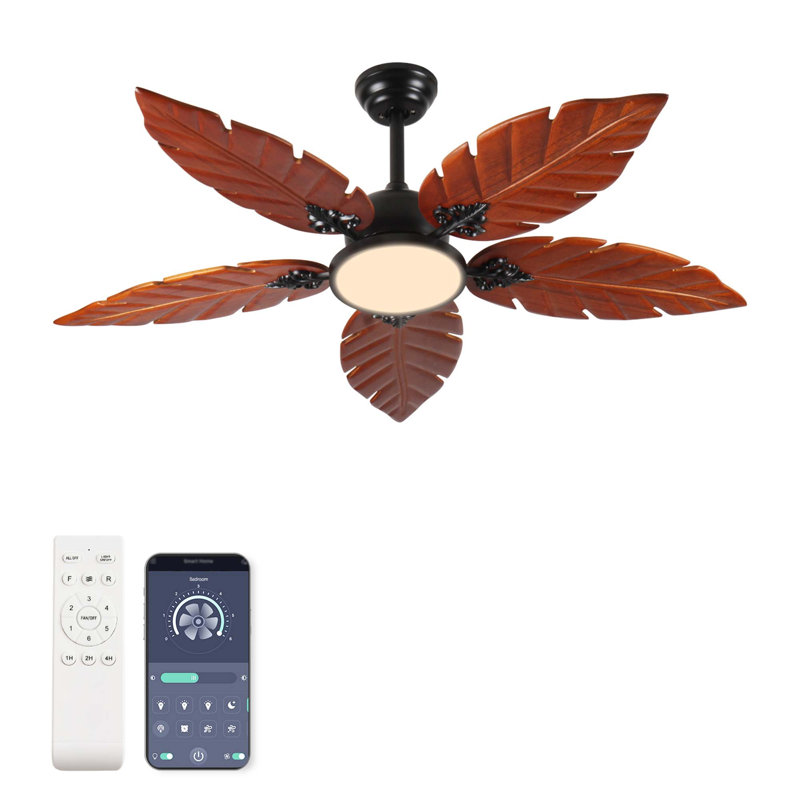 52" Tropical Palm Leaf Ceiling Fan With Light, Indoor Outdoor Reversible, Black Bronze Finish