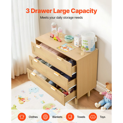 3 Drawer Rattan Dresser, Modern Closet Dresser for Bedroom, Natural Rattan Chest of Drawers with Metal Handles & Wooden Legs, Chest Clothing Organizer & Storage for Bedroom, Living Room, Hallway