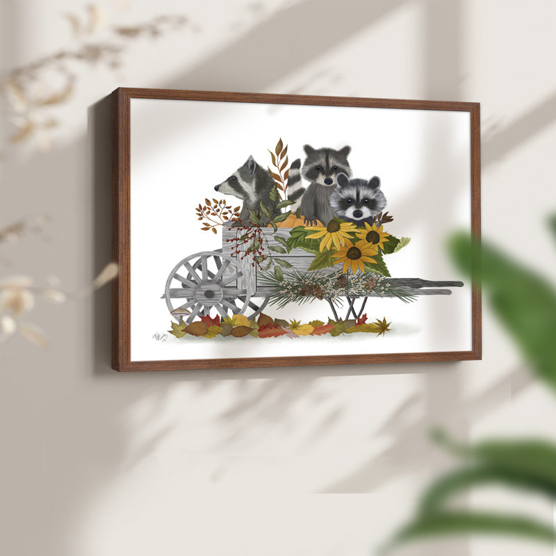 Raccoon Wheelbarrow -Framed Print - Restickable, 22" H x 28" W, Walnut