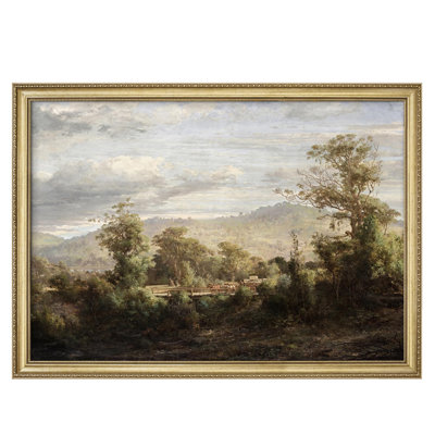 " Serene Landscape Idyllic Countryside With Trees And Rolling Hills Gold Framed Wall Art Decoration "