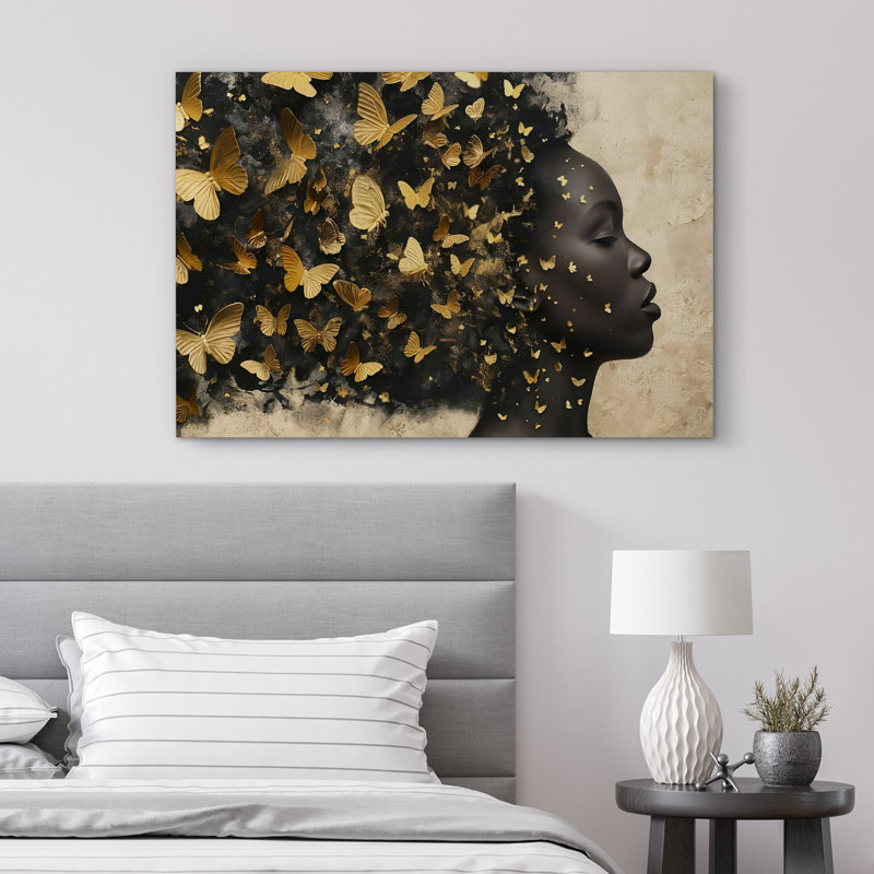 «Elegance Black African American Girl Portrait Gold Butterfly», reproduction d'art sur toile encadrée, Toile tendue