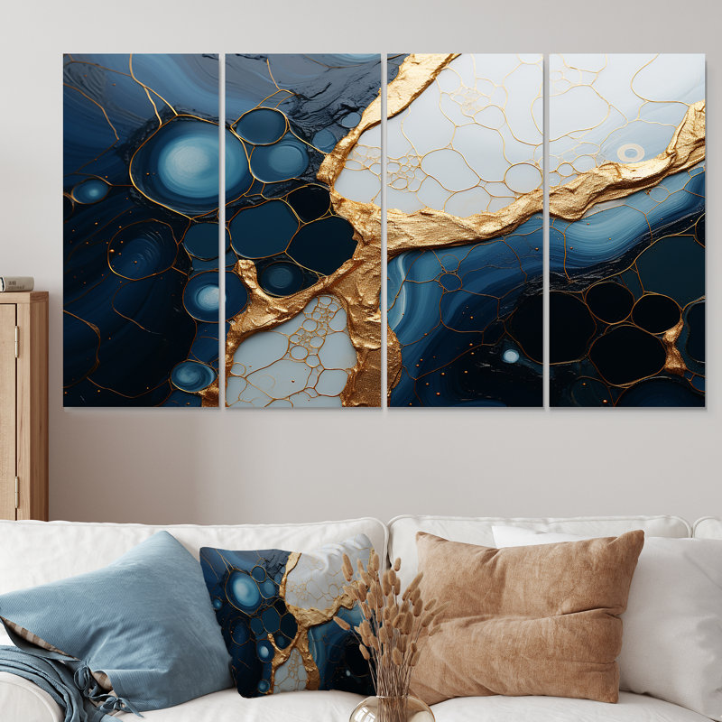 Ensemble de 4 décorations murales en marbre doré et bleu Essence Magic II - Abstrait marbre, H 28 po x l 48 po